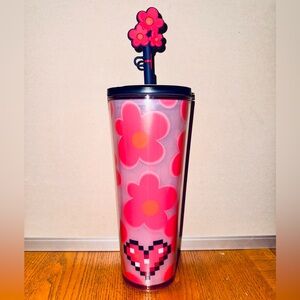 New STARBUCKS Pink Floral Tumbler with Straw and Topper